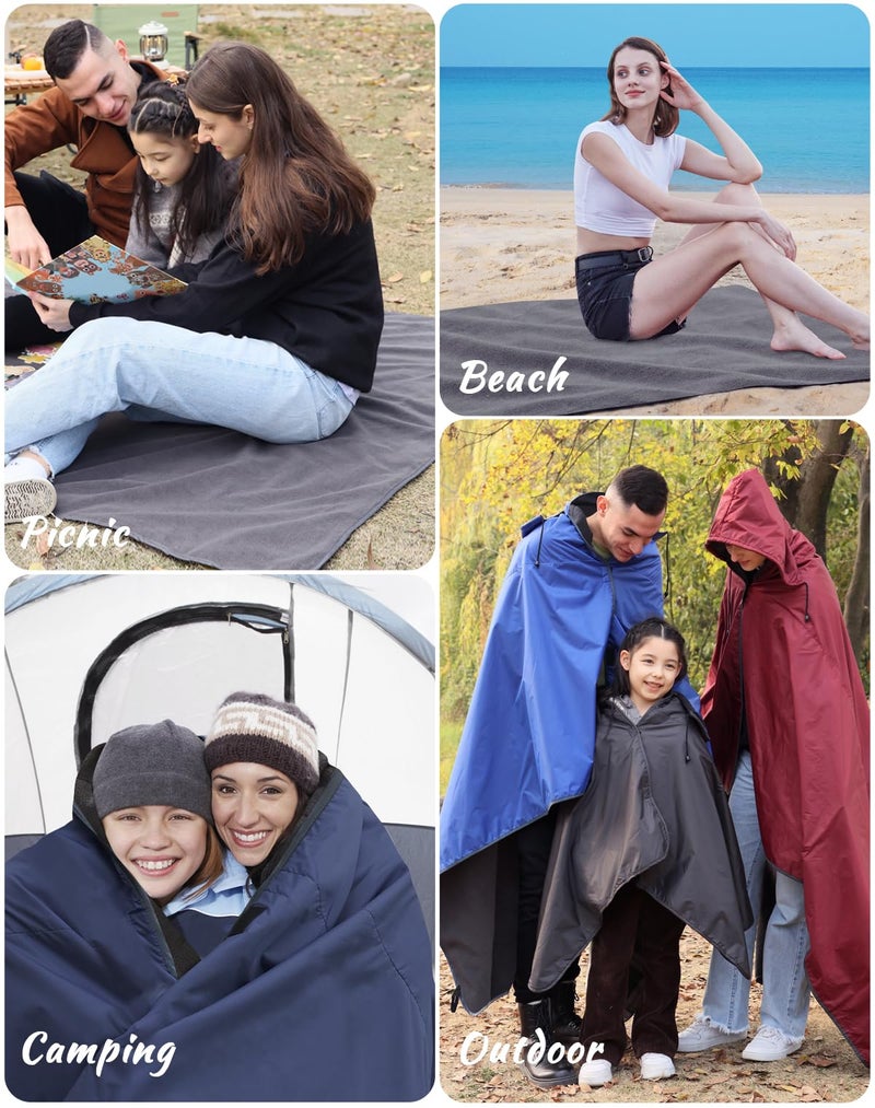 DUKUSEEK Waterproof Blanket Outdoor, Hooded Blanket Poncho - Large (79x56), Portable, Windproof Fleece Blankets for Cold Weather Camping, Picnic, Sports, Boat, Dogs, Festivals, Car, Emergencyâ€¦ - Image 2